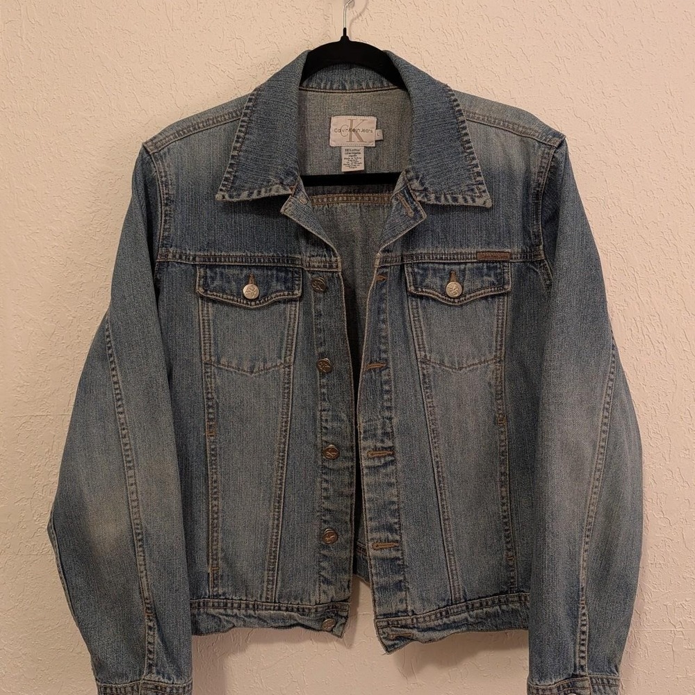 Womens Calvin Klein Blue Denim Jacket Large Good Vintage 90s Trucker CK Jeans